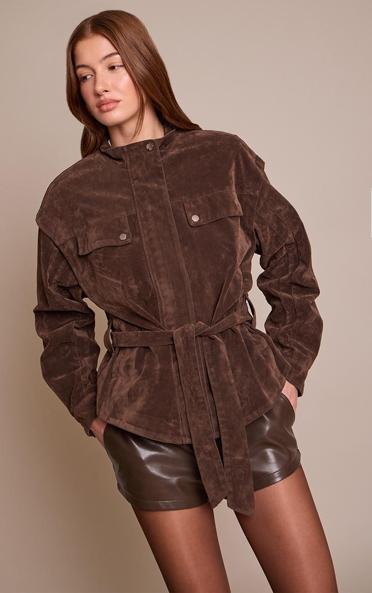Pretty Little Thing Chocolate Faux Suede Belted Drop Waist Jacket