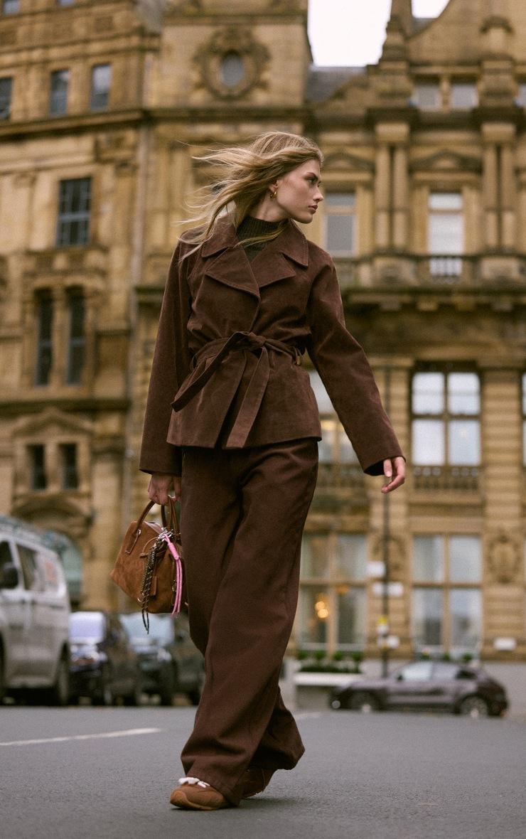 Pretty Little Thing Chocolate Faux Suede Belted Jacket