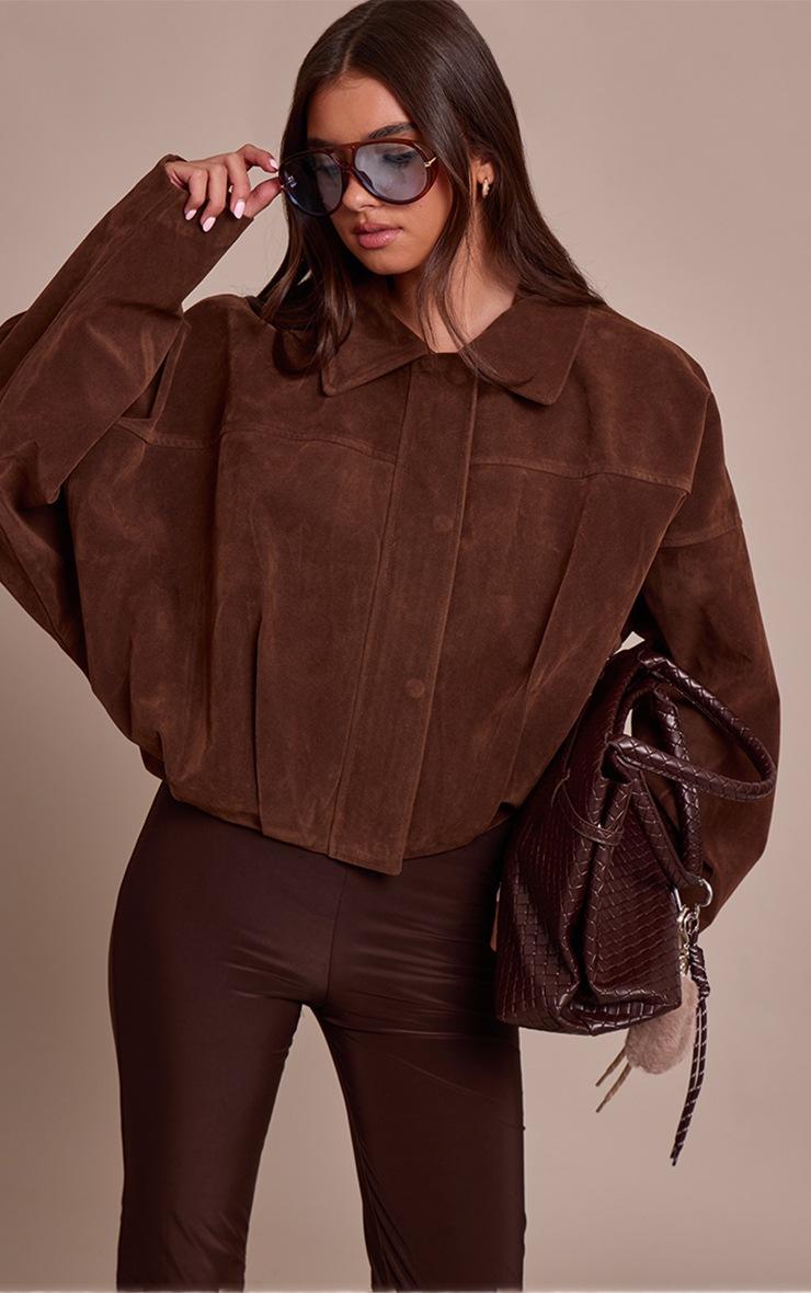 Pretty Little Thing Chocolate Faux Suede Covered Placket Bomber Jacket Pretty Little Thing Chocolate Faux Suede Covered Placket Bomber Jacket