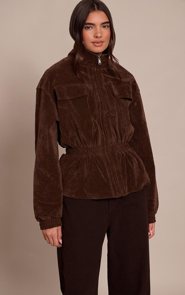 Pretty Little Thing Chocolate Faux Suede High Neck Cinched Waist Jacket