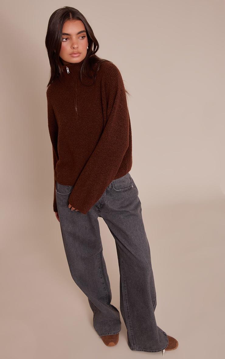 Pretty Little Thing Chocolate Half Zip Soft Knit Sweater