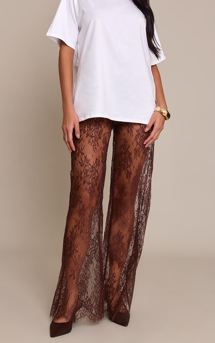 Pretty Little Thing Chocolate Lace Sheer Wide Leg Pants
