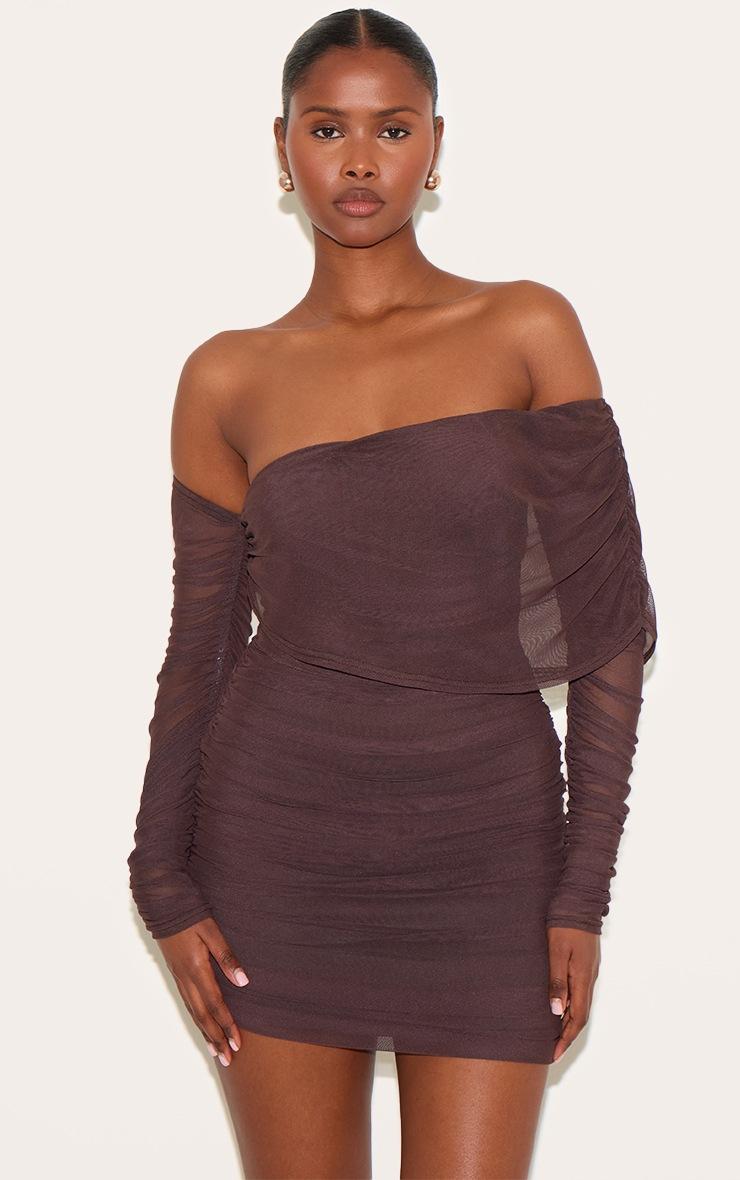 Pretty Little Thing Chocolate Layered Mesh Asymmetric Long Sleeve Mini Dress