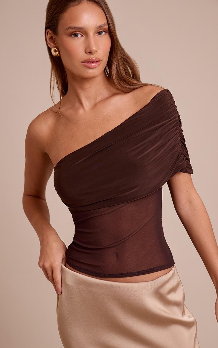 Pretty Little Thing Chocolate Mesh Panel Detail Asymmetric Long Top