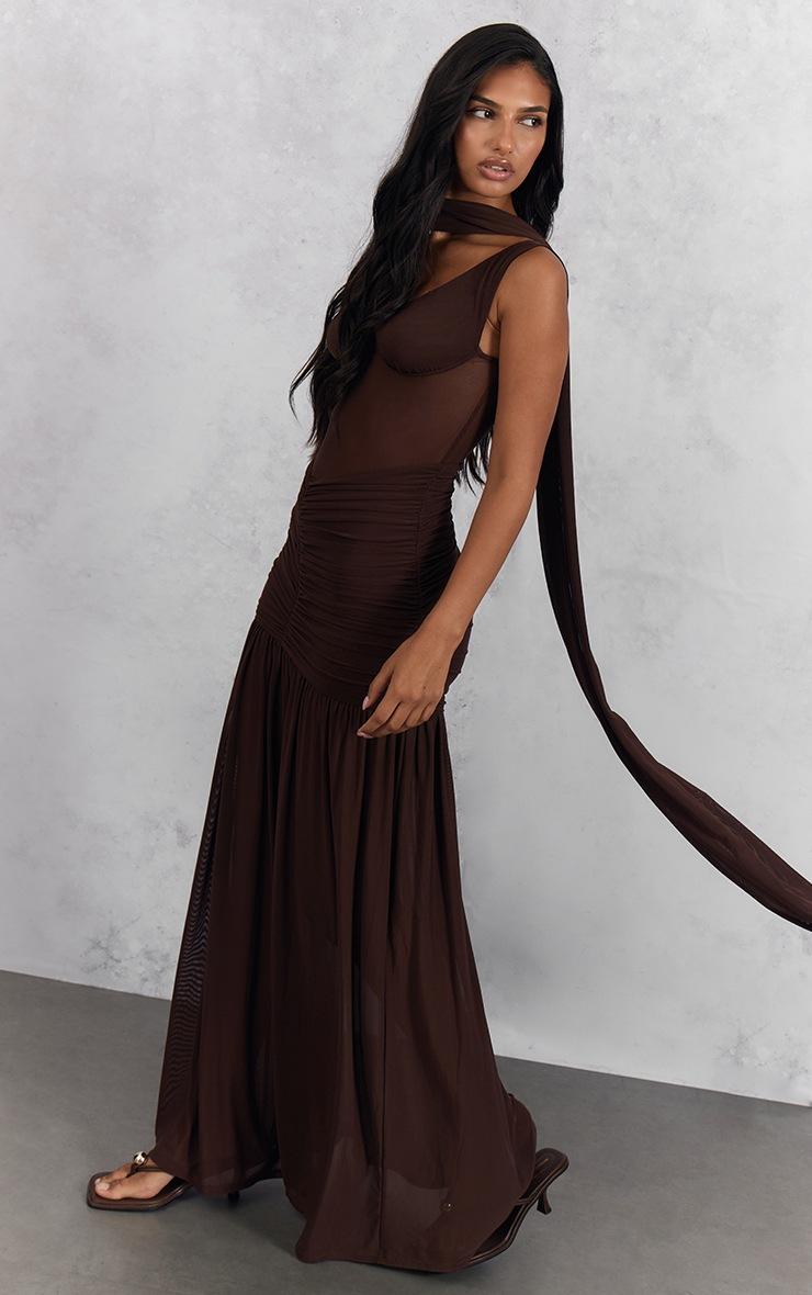 Pretty Little Thing Chocolate Mesh Scarf Detail Maxi Dress
