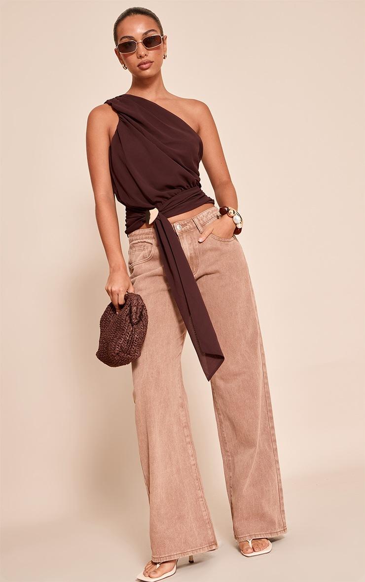 Pretty Little Thing Chocolate Plum Chiffon One Shoulder Ruched Trim Drape Top