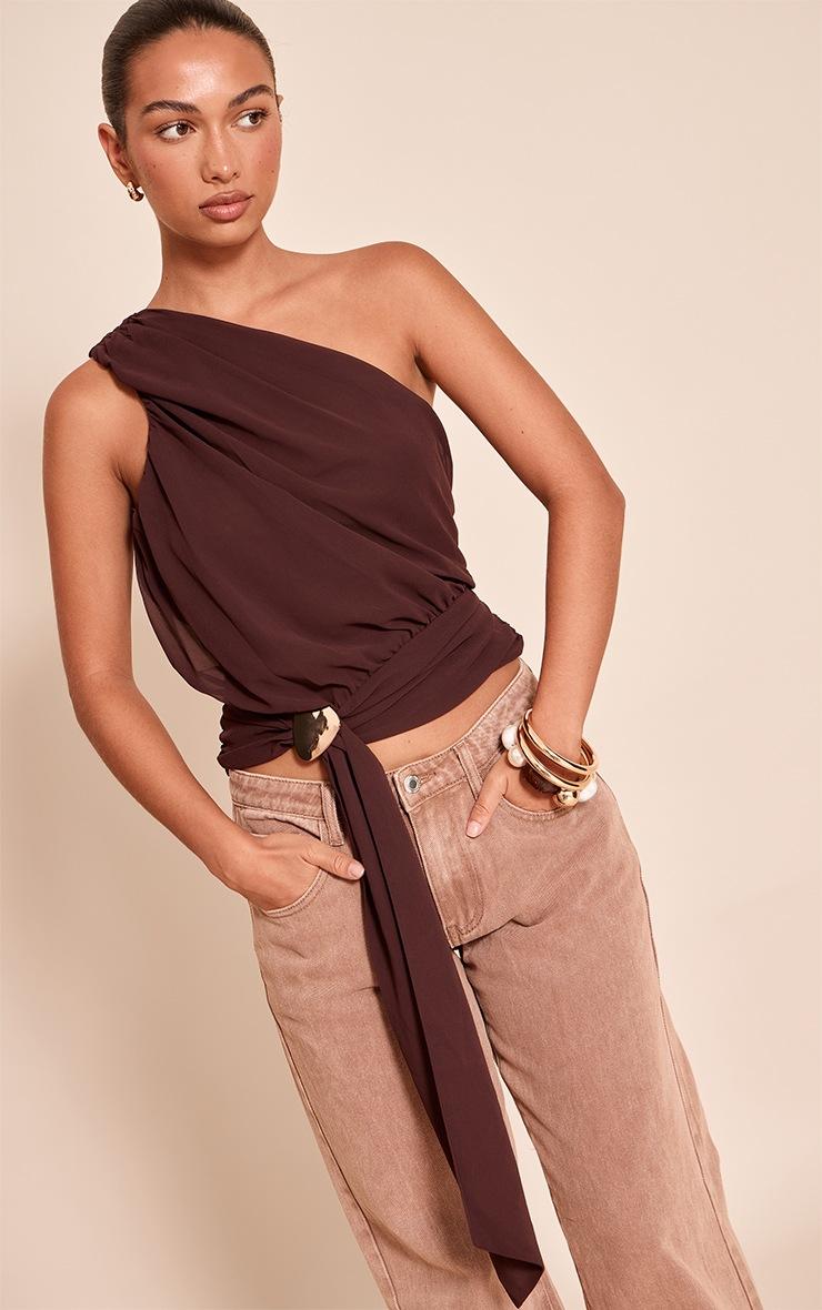 Pretty Little Thing Chocolate Plum Chiffon One Shoulder Ruched Trim Drape Top