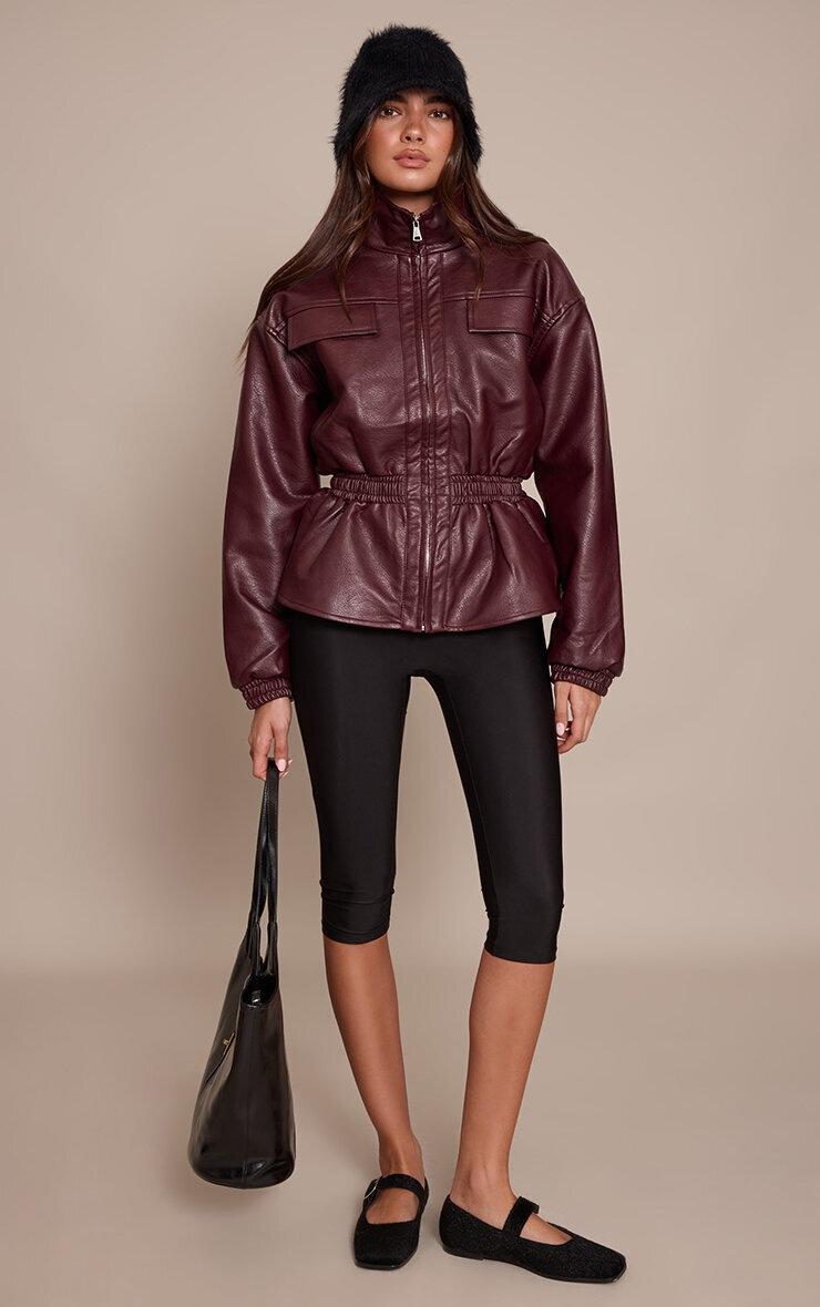 Pretty Little Thing Chocolate Plum High Neck Cinched Waist Faux Leather Jacket