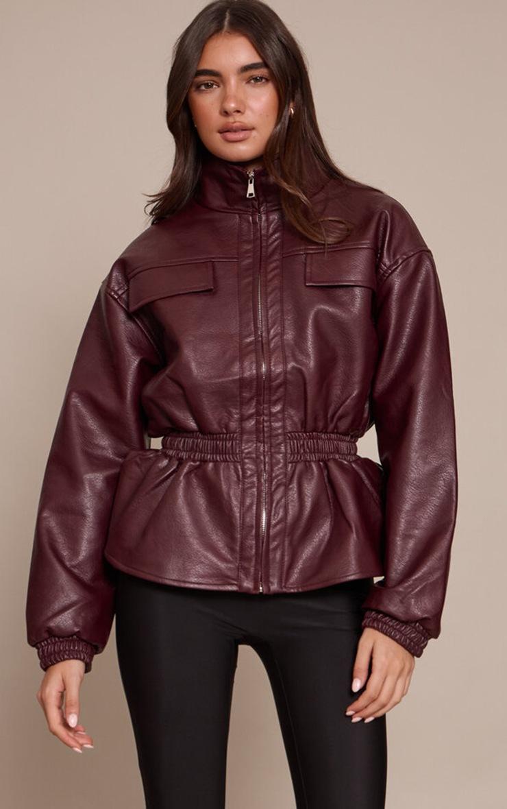 Pretty Little Thing Chocolate Plum High Neck Cinched Waist Faux Leather Jacket
