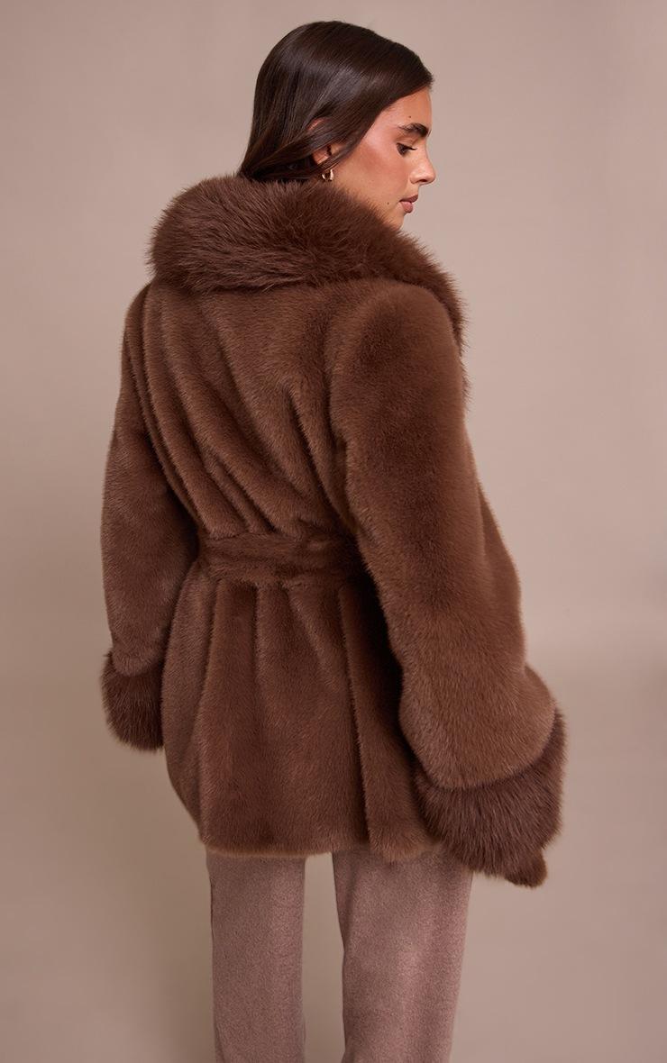 Pretty Little Thing Chocolate Plush Faux Fur Self Tie Coat