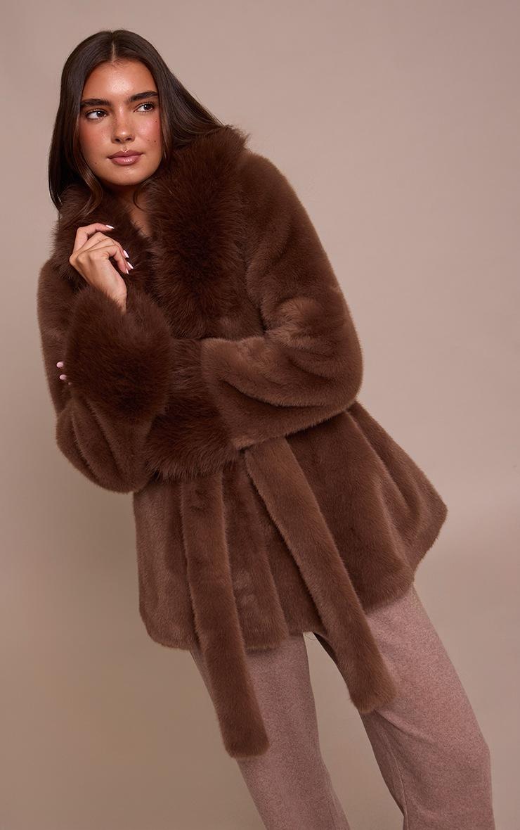 Pretty Little Thing Chocolate Plush Faux Fur Self Tie Coat