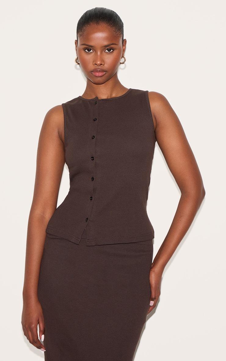Pretty Little Thing Chocolate Ribbed Asymmetric Button Up Vest Top