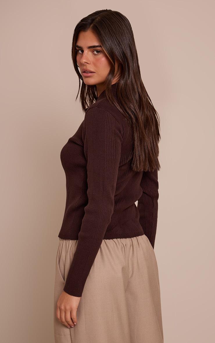 Pretty Little Thing Chocolate Ribbed Knit Long Sleeved Polo Top