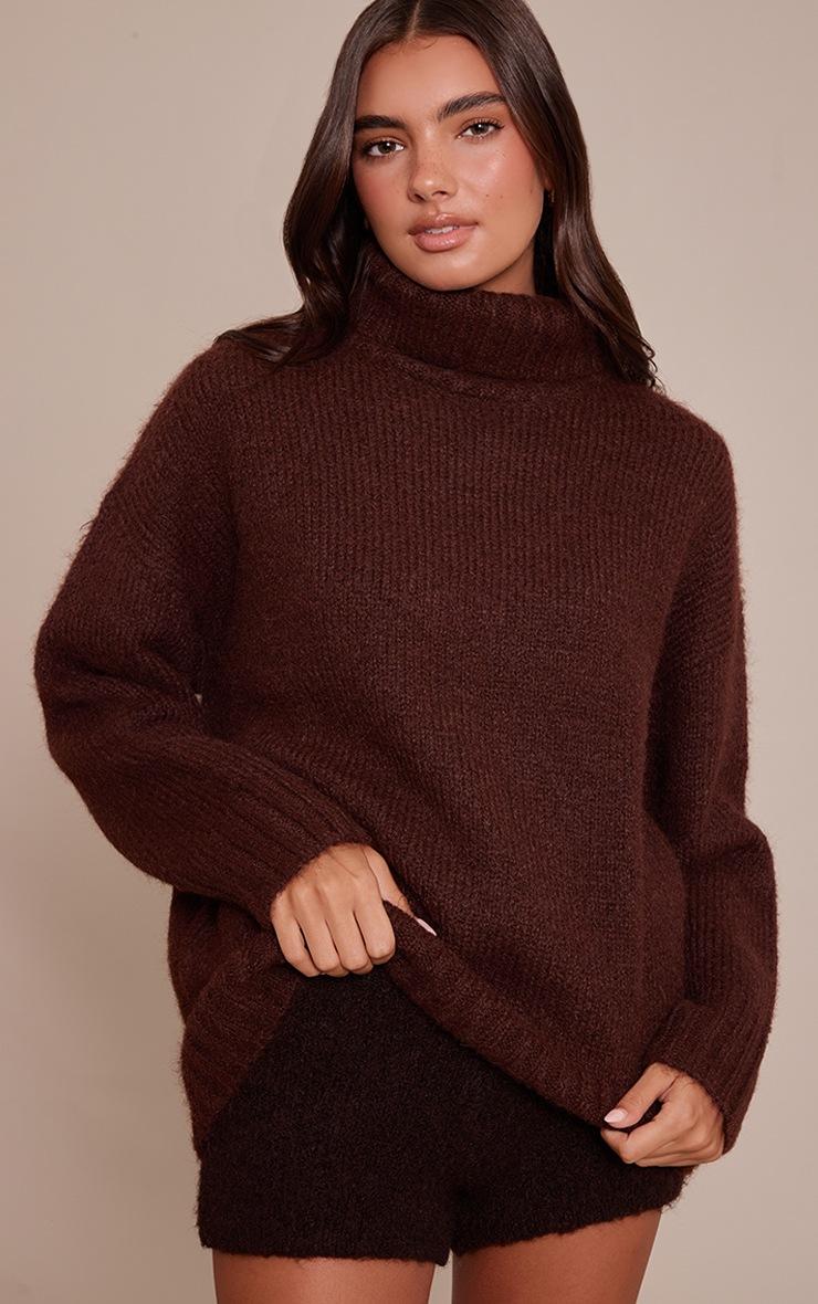 Pretty Little Thing Chocolate Roll Neck Balloon Sleeve Oversized Sweater