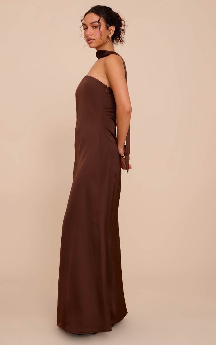 Pretty Little Thing Chocolate Satin Bandeau Scarf Detail Maxi Dress