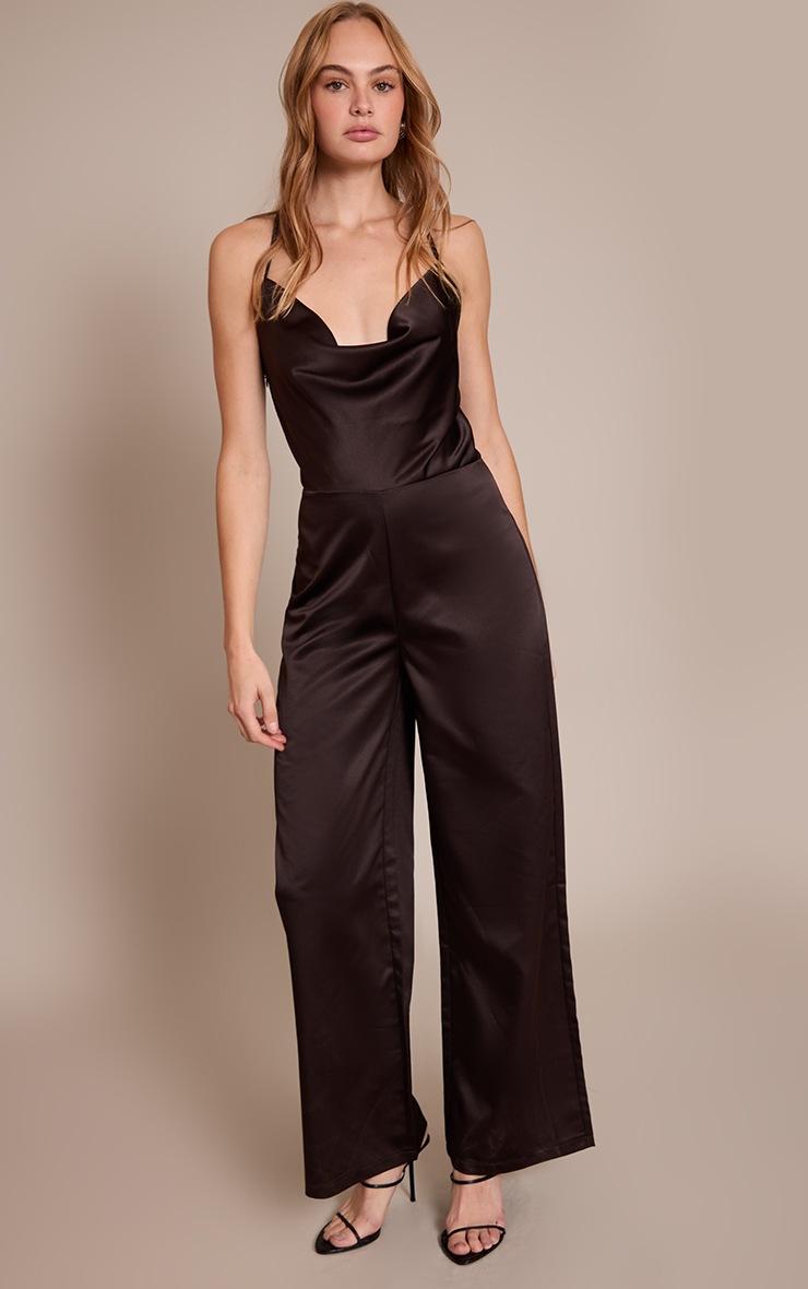 Pretty Little Thing Chocolate Satin Cowl Cross Back Jumpsuit