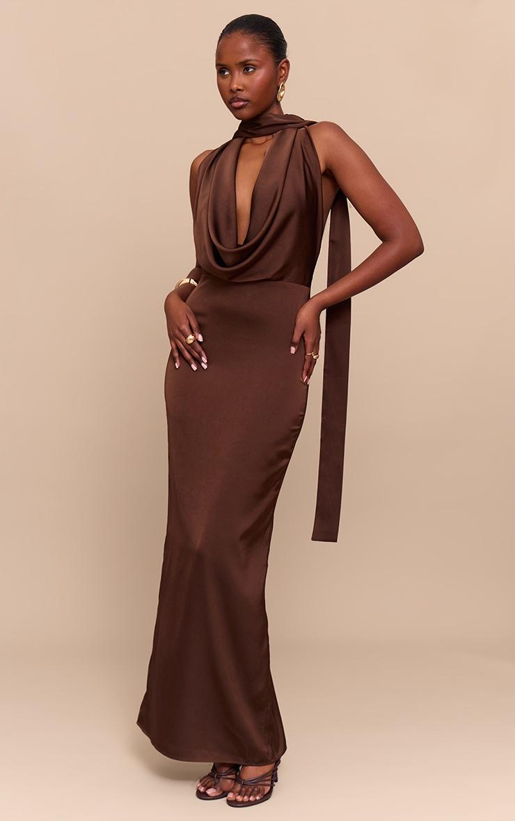 Pretty Little Thing Chocolate Satin Cowl Neck Drape Maxi Dress