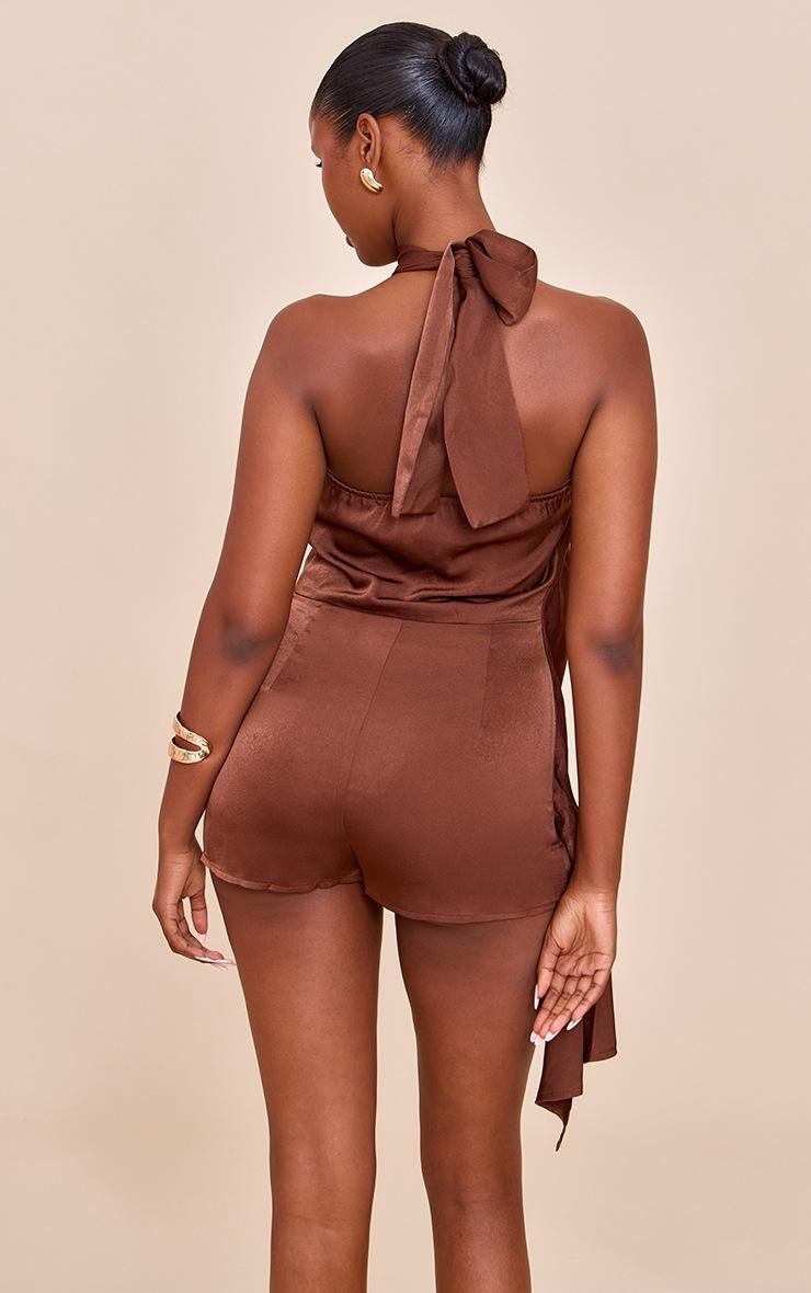 Pretty Little Thing Chocolate Satin Halterneck Romper