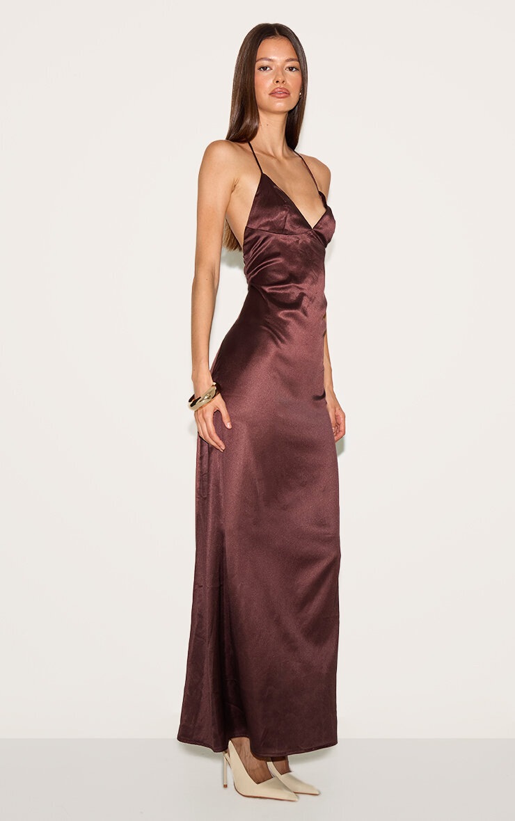 Pretty Little Thing Chocolate Satin Lace Up Back Maxi Slip Dress