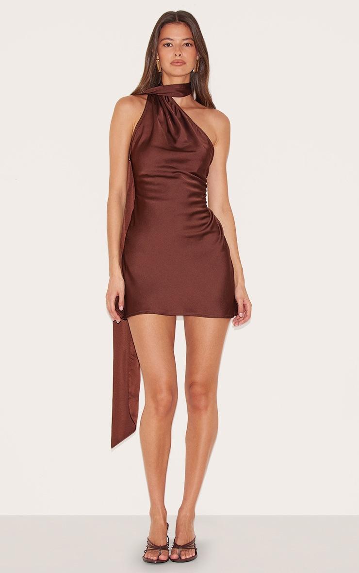 Pretty Little Thing Chocolate Satin Scarf Detail Bodycon Dress Pretty Little Thing Chocolate Satin Scarf Detail Bodycon Dress