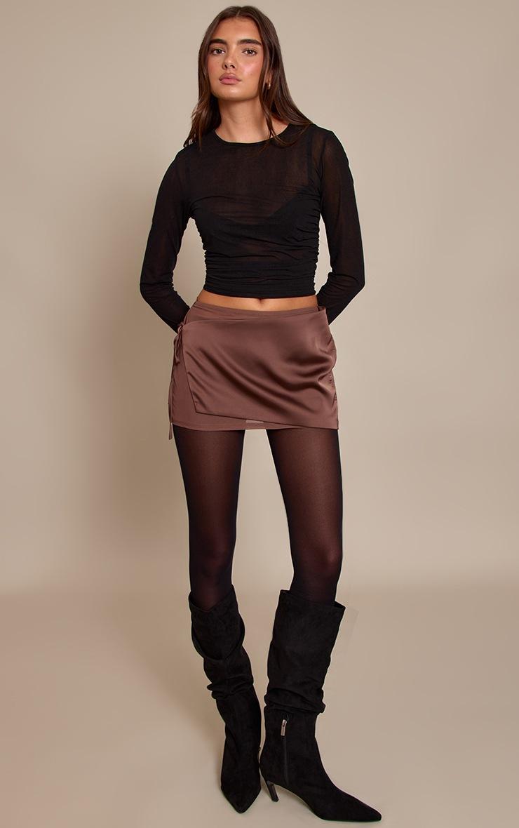 Pretty Little Thing Chocolate Satin Wrap Mesh Mini Skirt