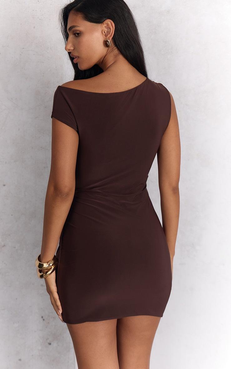 Pretty Little Thing Chocolate Slinky Asymmetric Drape Bodycon Mini Dress
