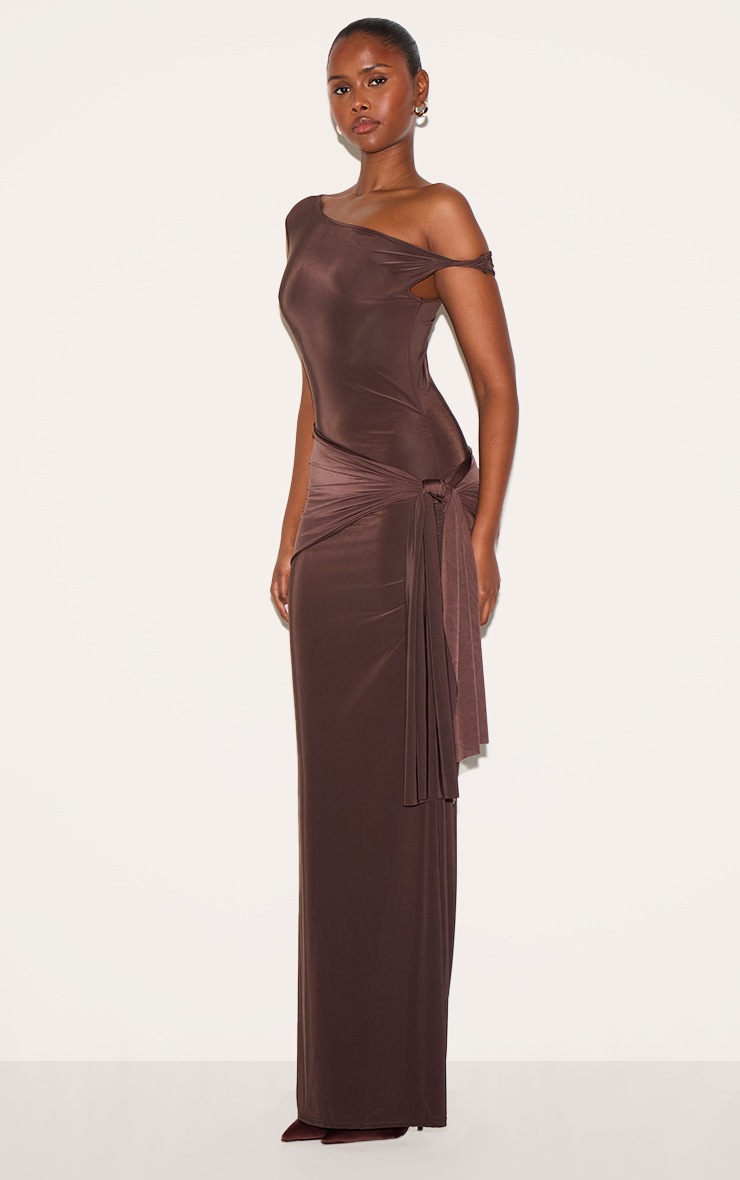 Pretty Little Thing Chocolate Slinky Off Shoulder Wrap Detail Maxi Dress