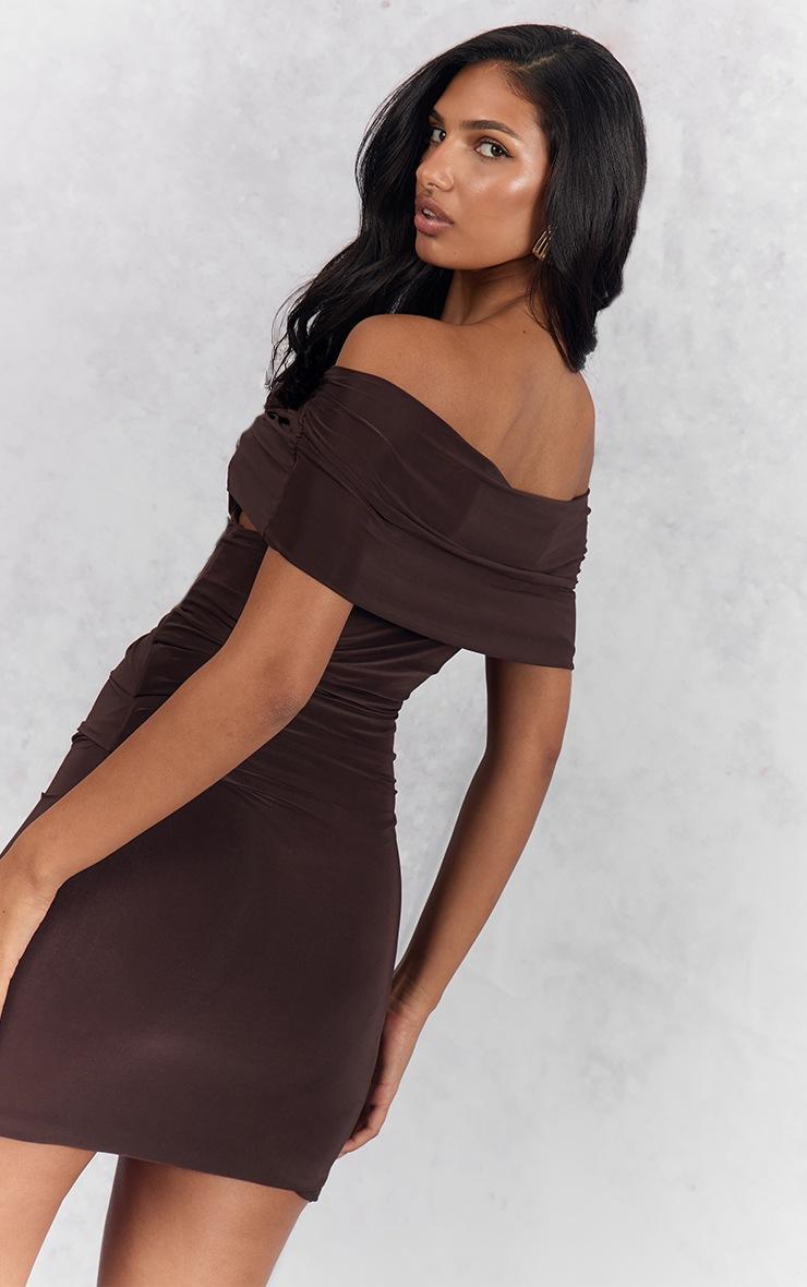 Pretty Little Thing Chocolate Slinky Off The Shoulder Mini Bodycon Dress