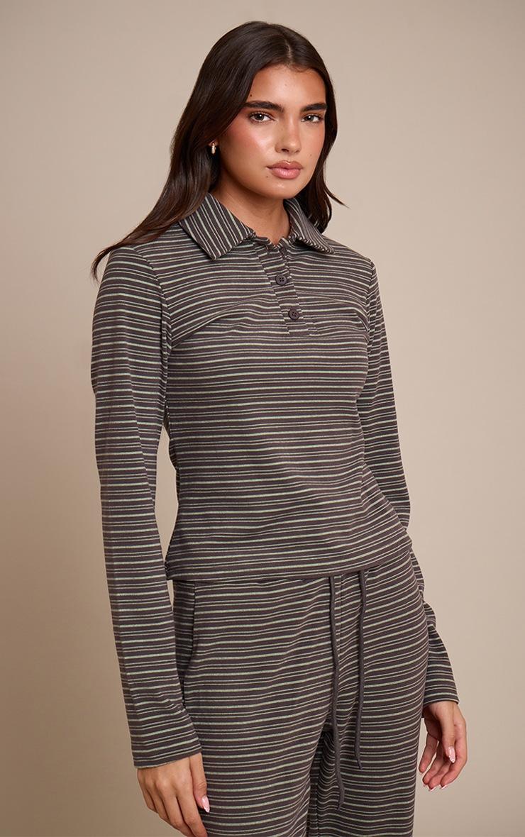 Pretty Little Thing Chocolate Soft Fleece Pinstripe Collar Detail Long Sleeve Top