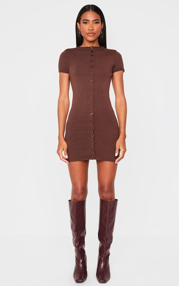 Pretty Little Thing Chocolate Soft Knit Button Through Mini Dress