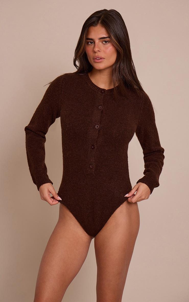 Pretty Little Thing Chocolate Soft Knit Button Up Bodysuit