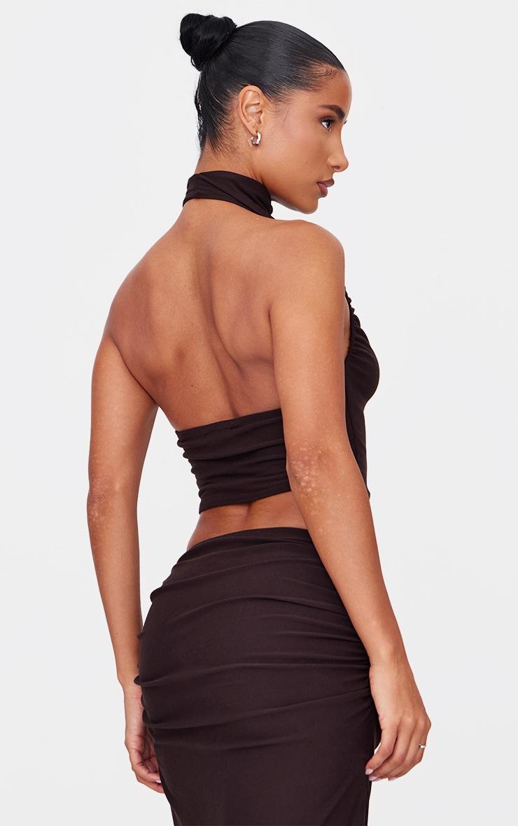 Pretty Little Thing Chocolate Soft Touch Ruched Halter Crop Top