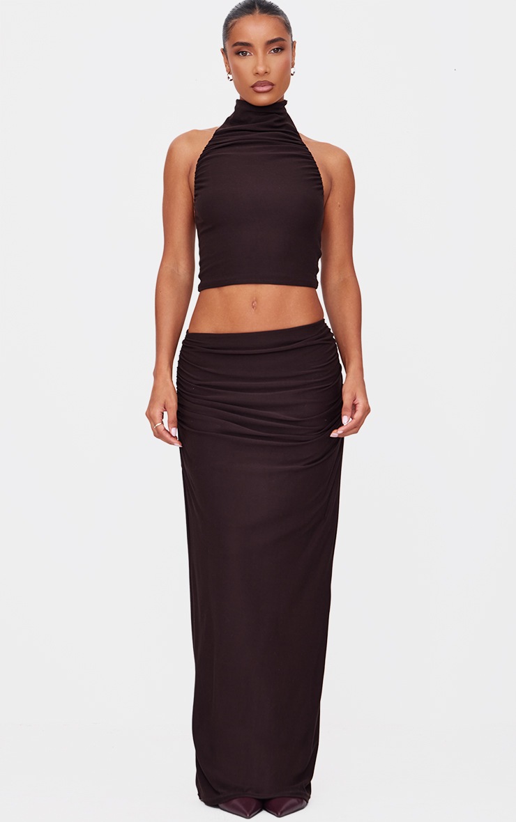 Pretty Little Thing Chocolate Soft Touch Ruched Halter Crop Top