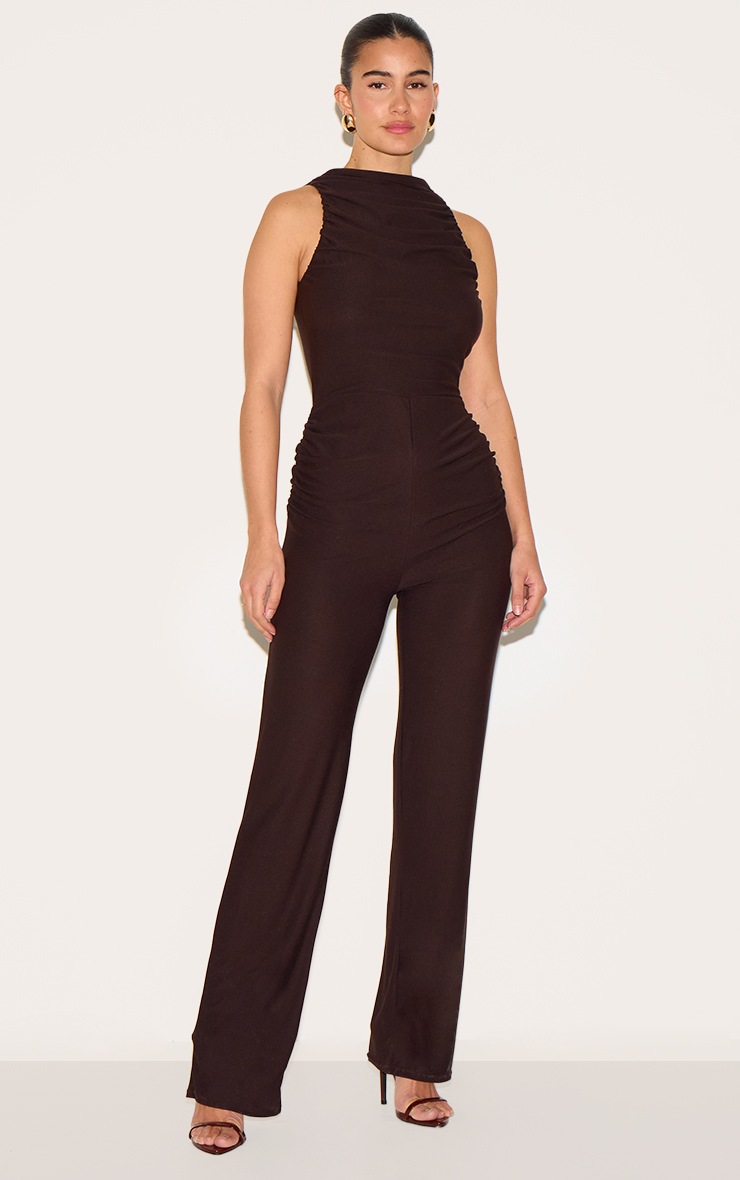 Pretty Little Thing Chocolate Soft Touch Ruched Straight Leg Jumpsuit