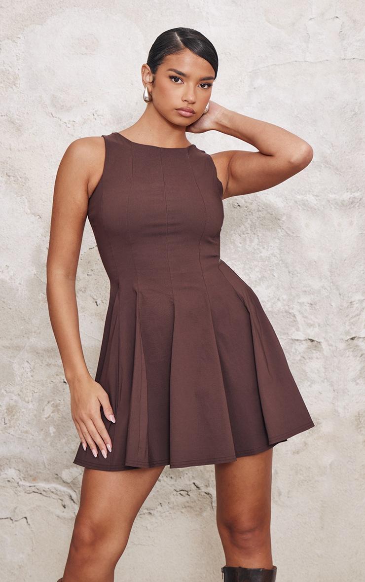 Pretty Little Thing Chocolate Stretch Woven Racer Pleated Shift Dress