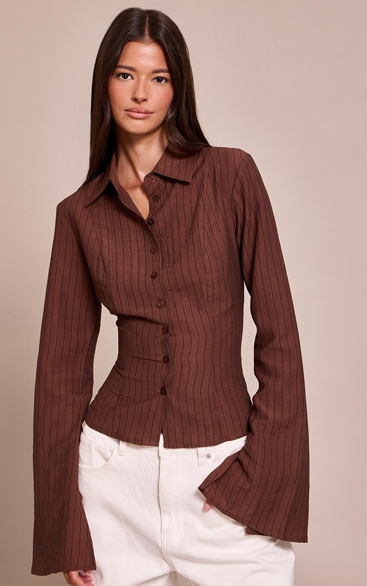 Pretty Little Thing Chocolate Stripe Seam Detail Fitted Shirt Pretty Little Thing Chocolate Stripe Seam Detail Fitted Shirt