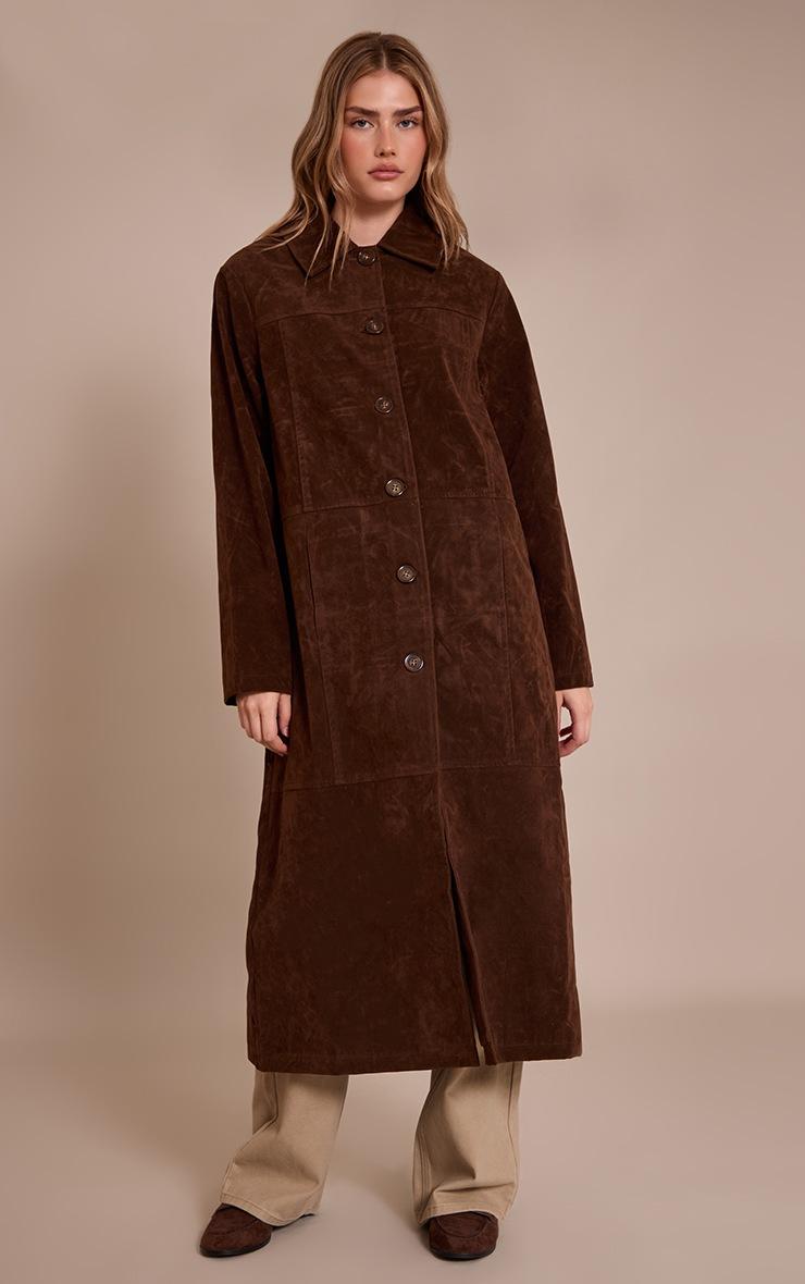 Pretty Little Thing Chocolate Suede Longline Button Coat