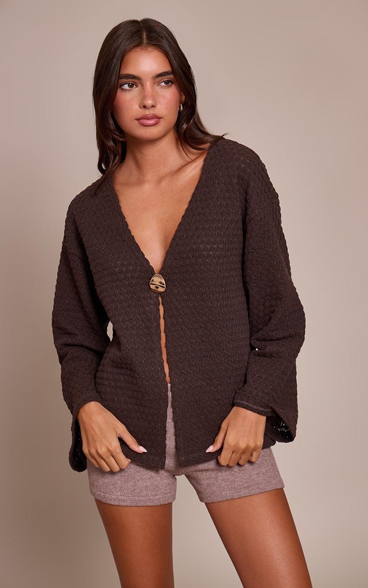 Pretty Little Thing Chocolate Textured Trim Detail Oversized Long Sleeve Top