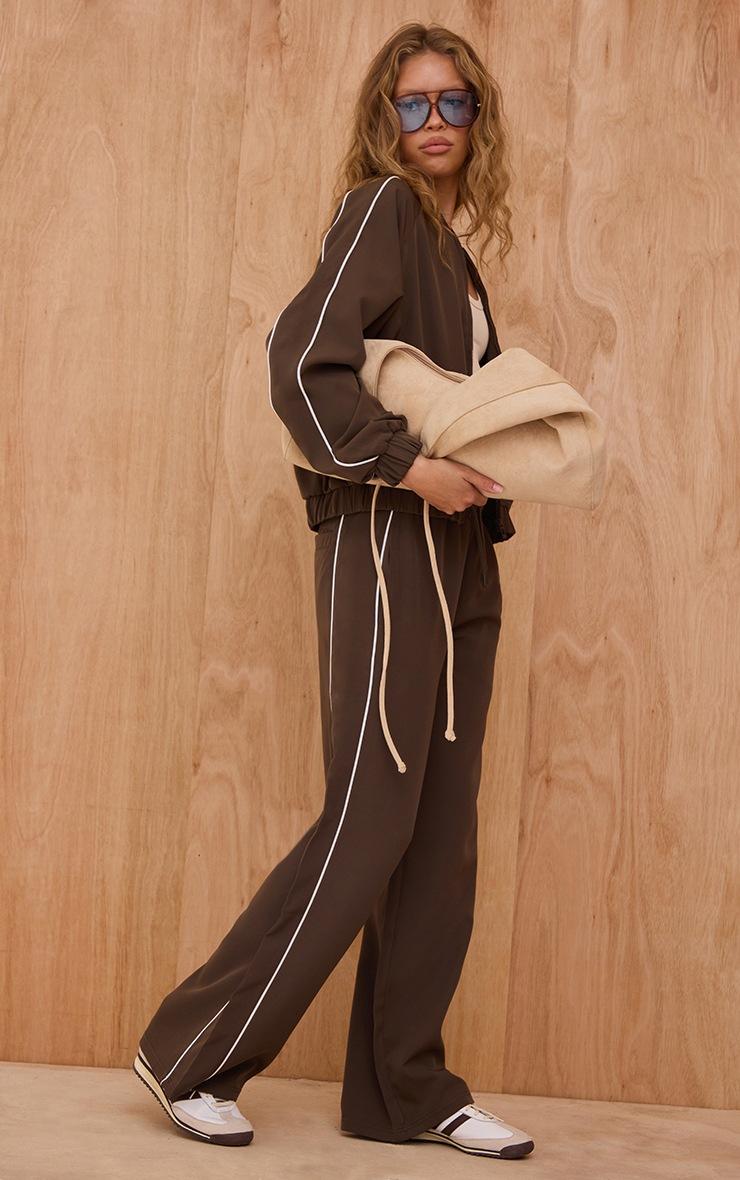 Pretty Little Thing Chocolate Tricot Contrast Piping Wide Leg Sweatpants