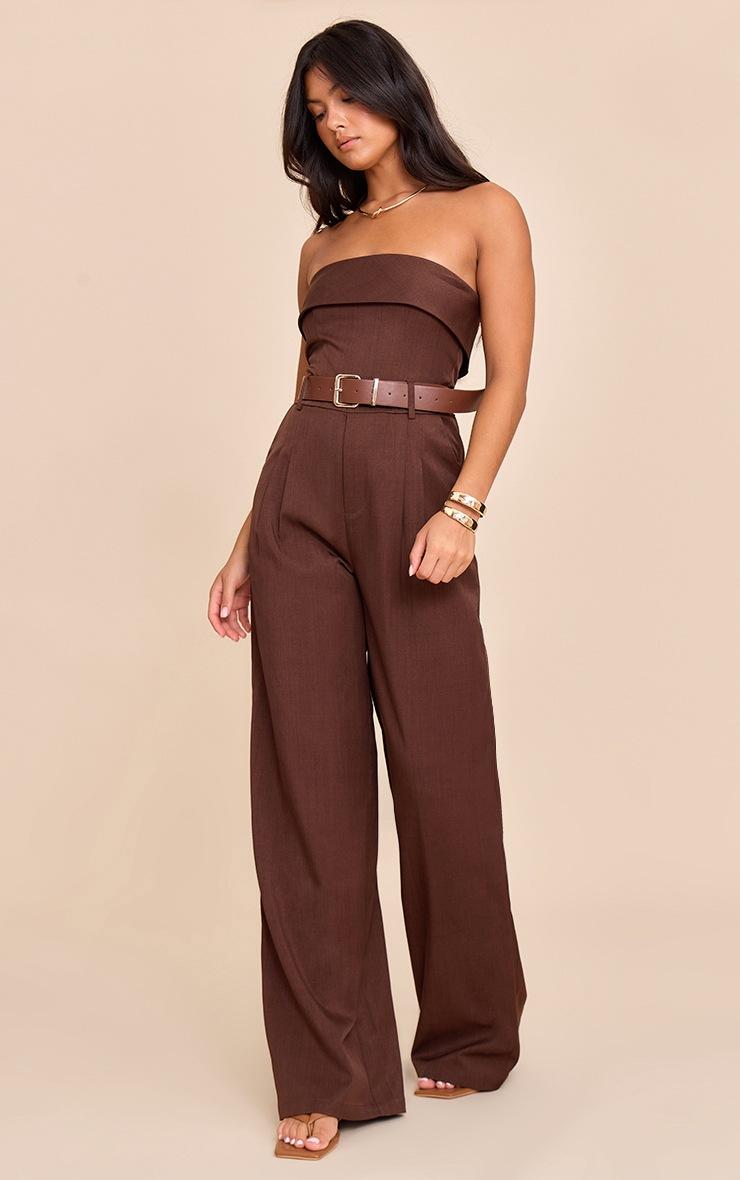 Pretty Little Thing Chocolate Woven Bandeau Belted Wide Leg Jumpsuit