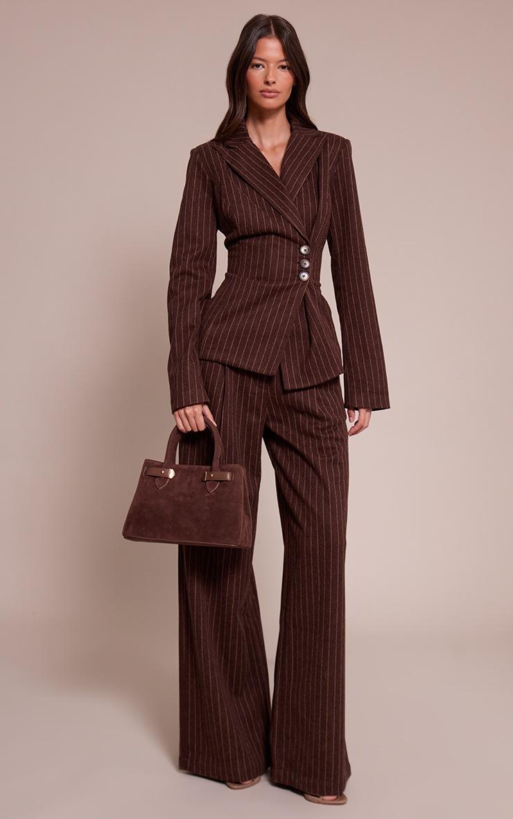 Pretty Little Thing Chocolate Woven Heavy Brushed Pinstripe Cinched Waist Blazer