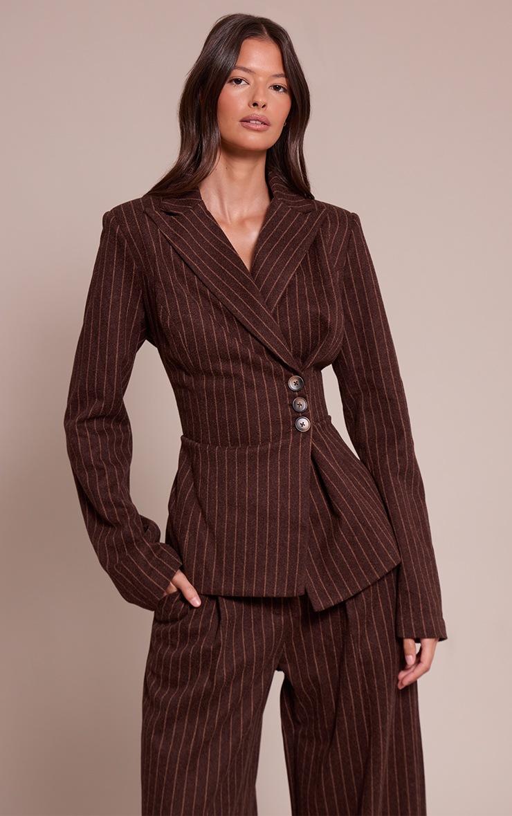 Pretty Little Thing Chocolate Woven Heavy Brushed Pinstripe Cinched Waist Blazer