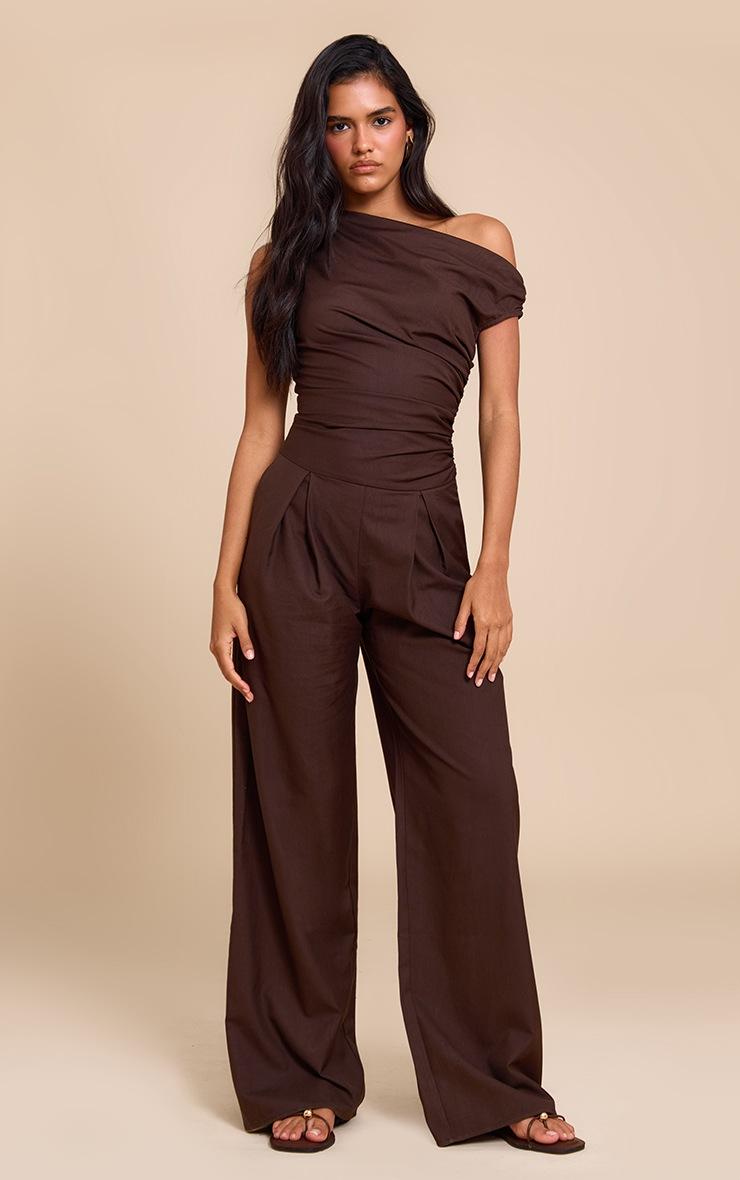 Pretty Little Thing Chocolate Woven Ruched One Sleeve Jumpsuit