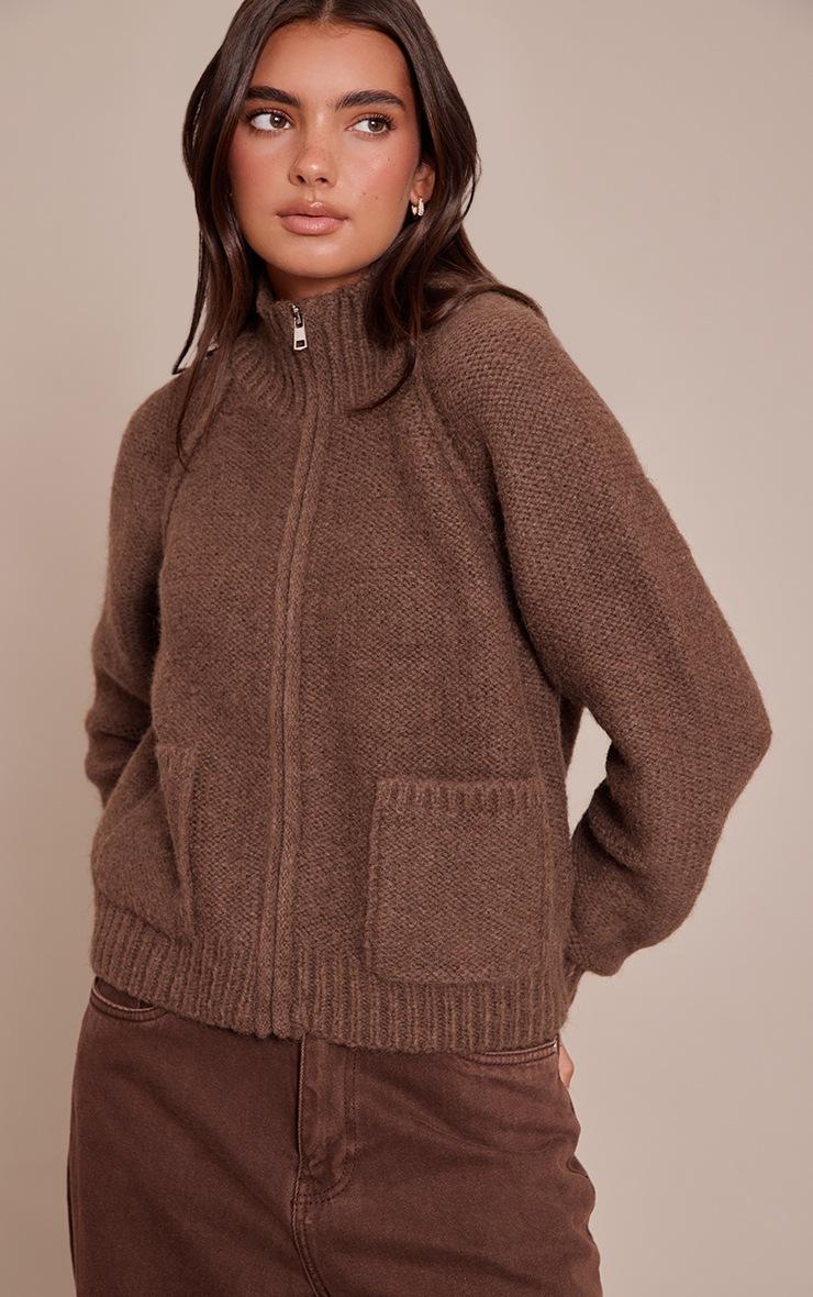 Pretty Little Thing Chocolate Zip Up Pocket Detail Knitted Cardigan