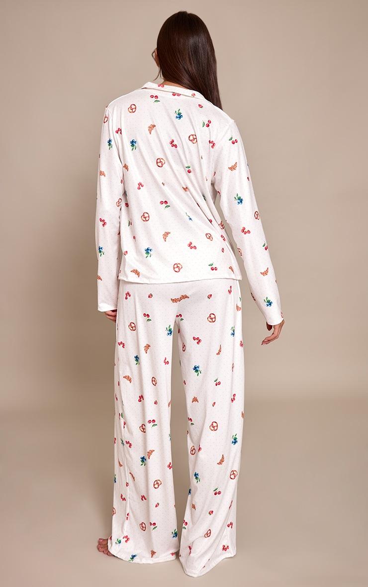 Pretty Little Thing Cream Berry And Polka Dot Print Long Sleeve Button Through Pj Set