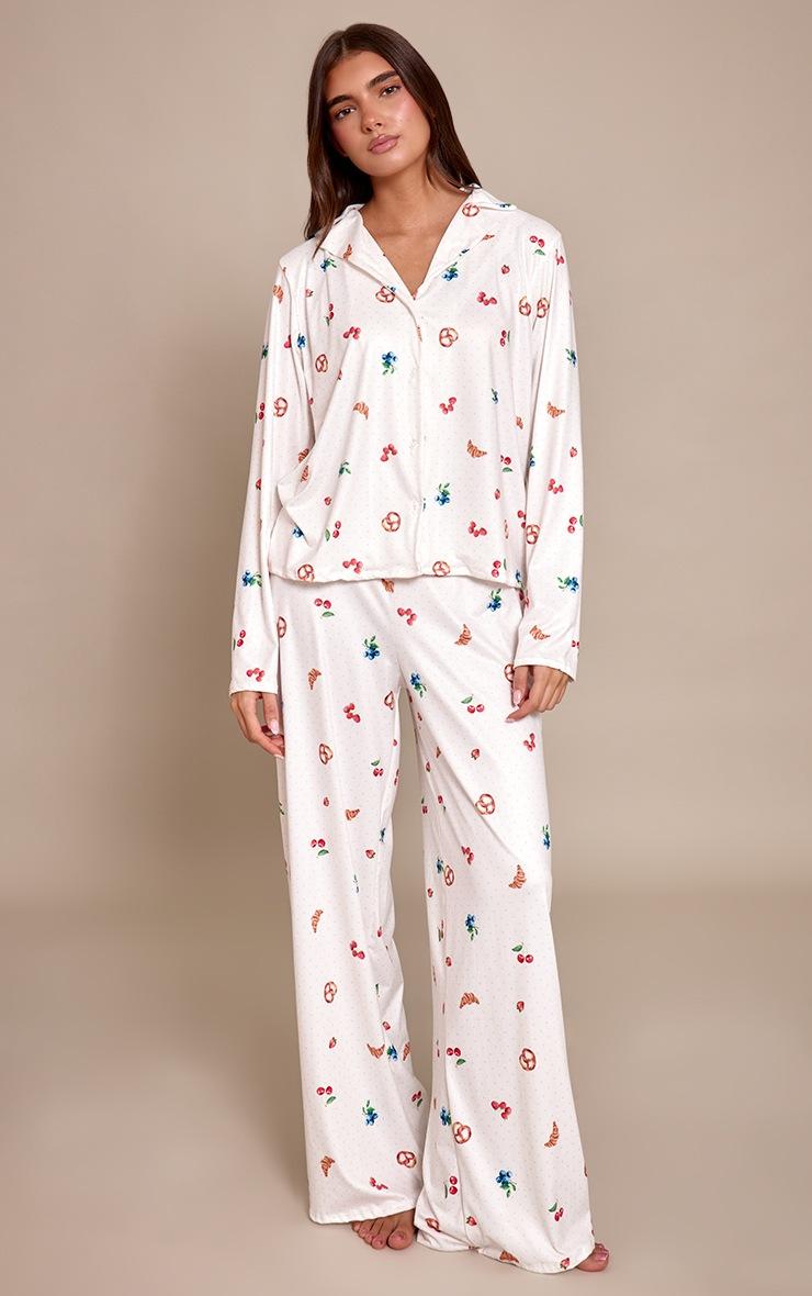 Pretty Little Thing Cream Berry And Polka Dot Print Long Sleeve Button Through Pj Set