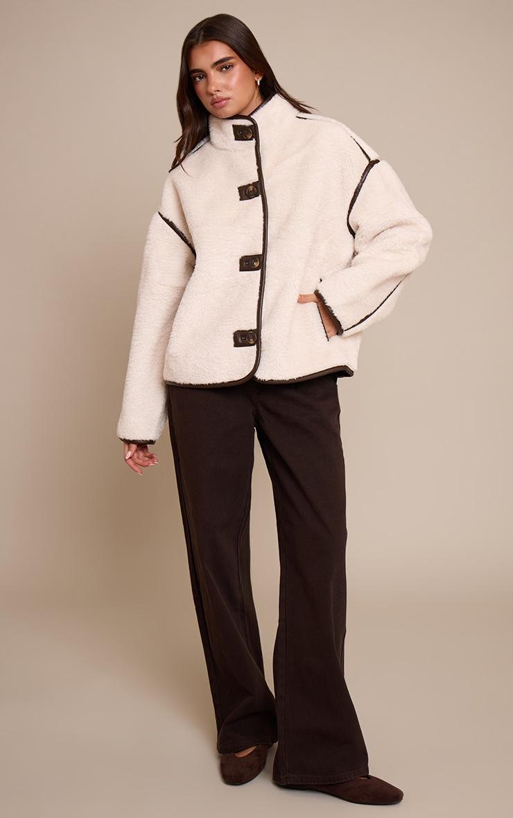 Pretty Little Thing Cream Borg Faux Leather Contrast Coat