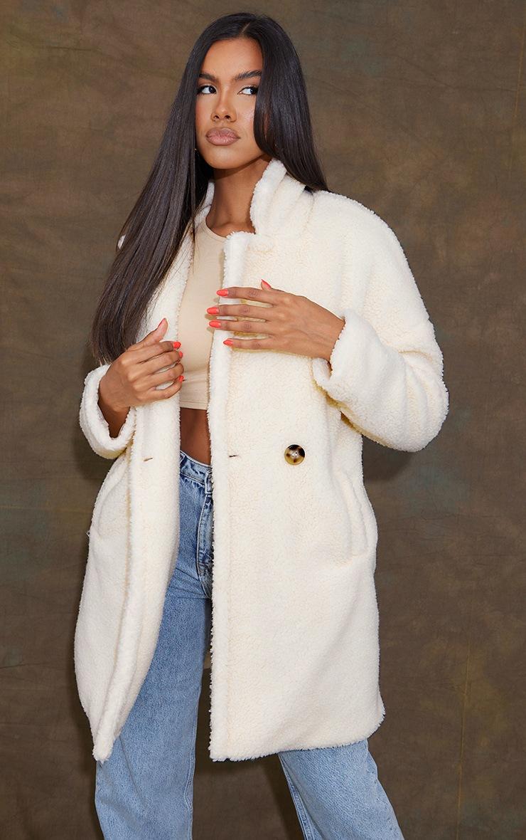 Pretty Little Thing Cream Borg Lapel Drop Arm Midi Coat
