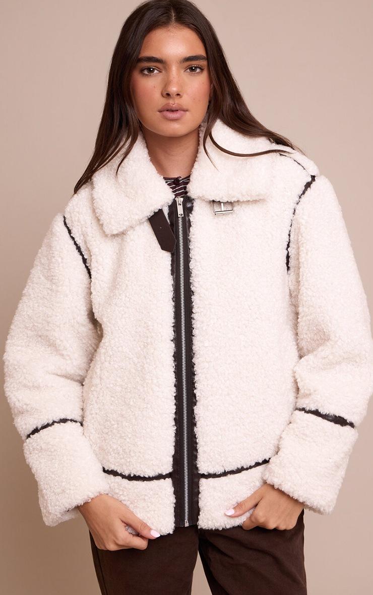 Pretty Little Thing Cream Borg Panel Detail Aviator