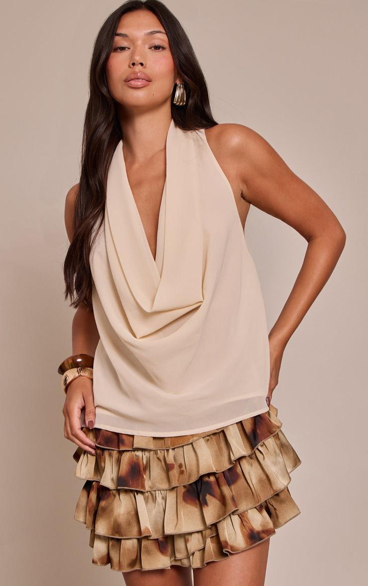 Pretty Little Thing Cream Chiffon Extreme Cowl Neck Detail Long Top